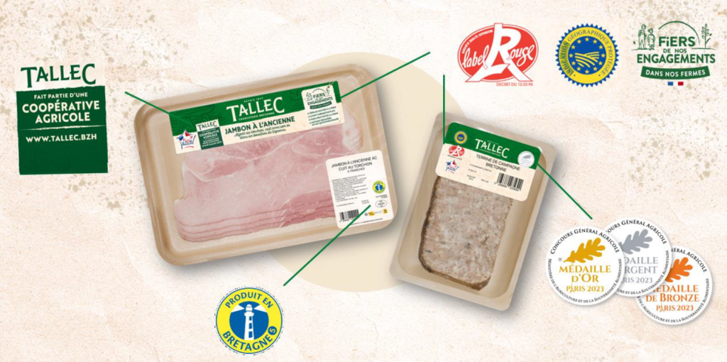 Packagings de produits Tallec avec les mentions "fait partie d'une coopérative", les logos Label Rouge, AOP et Produit en Bretagne. En plus, on retrouve les logos des médailles ud Concours général Agricole