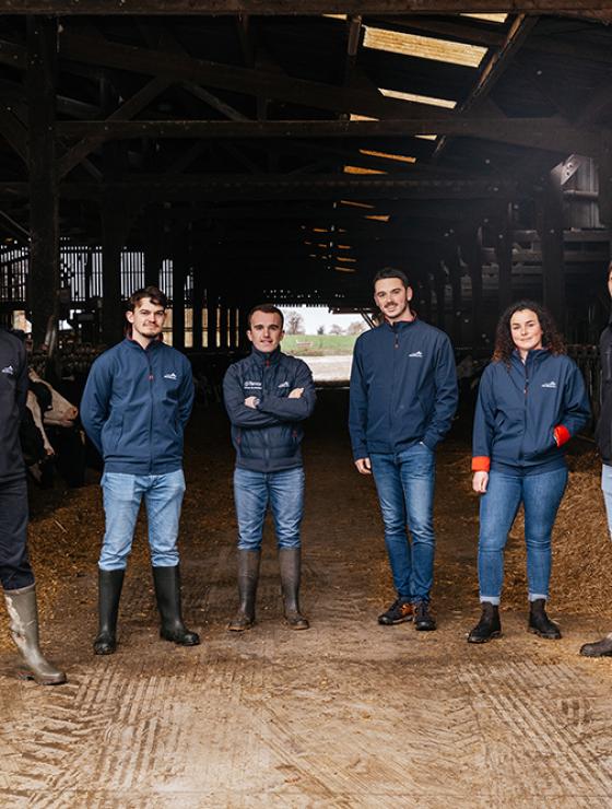 Un groupe d'alternants de la branche Agriculture d'Agrial se tient debout face à l'appareil photo, dans une stabule avec des vaches normandes d'un adhérent Un groupe d'alternants de la branche Agriculture d'Agrial se tient debout face à l'appareil photo, dans une stabule avec des vaches normandes d'un adhérent